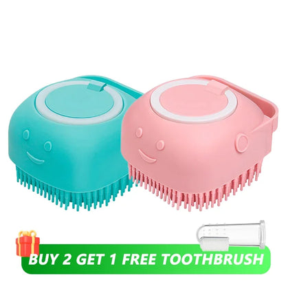 Dog bath brush, pet massage brush with shampoo dispenser