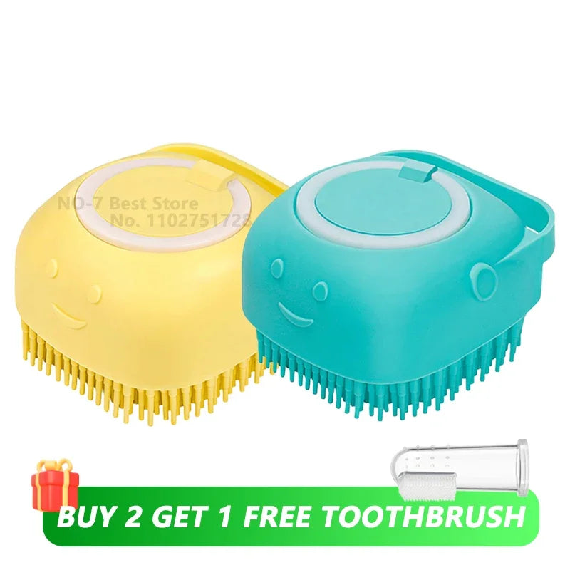 Dog bath brush, pet massage brush with shampoo dispenser
