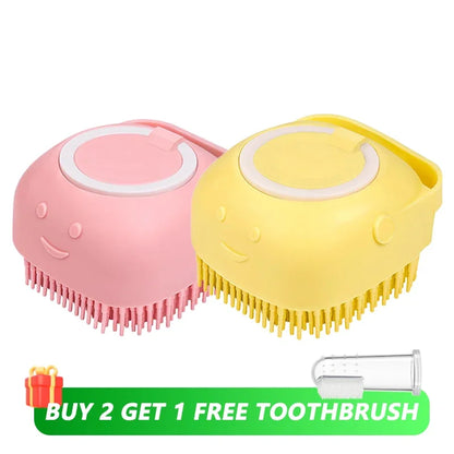 Dog bath brush, pet massage brush with shampoo dispenser